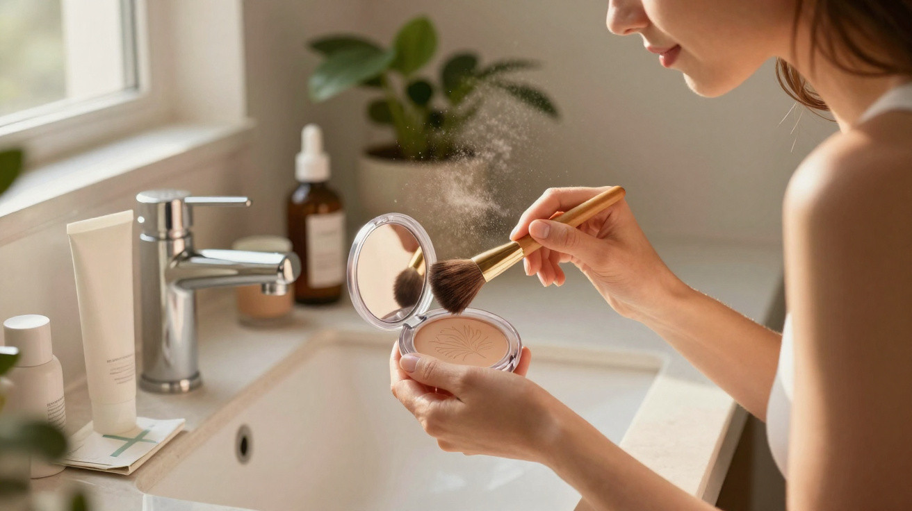 Mulher aplica pó facial com pincel numa casa de banho iluminada natural, junto a lavatório e espelho.