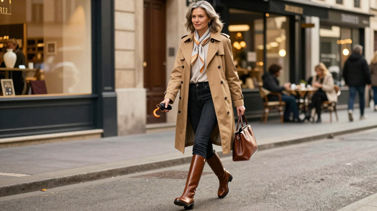 Mulher elegante a caminhar numa rua urbana, vestindo casaco bege, botas castanhas e a segurar bolsa e guarda-chuva.