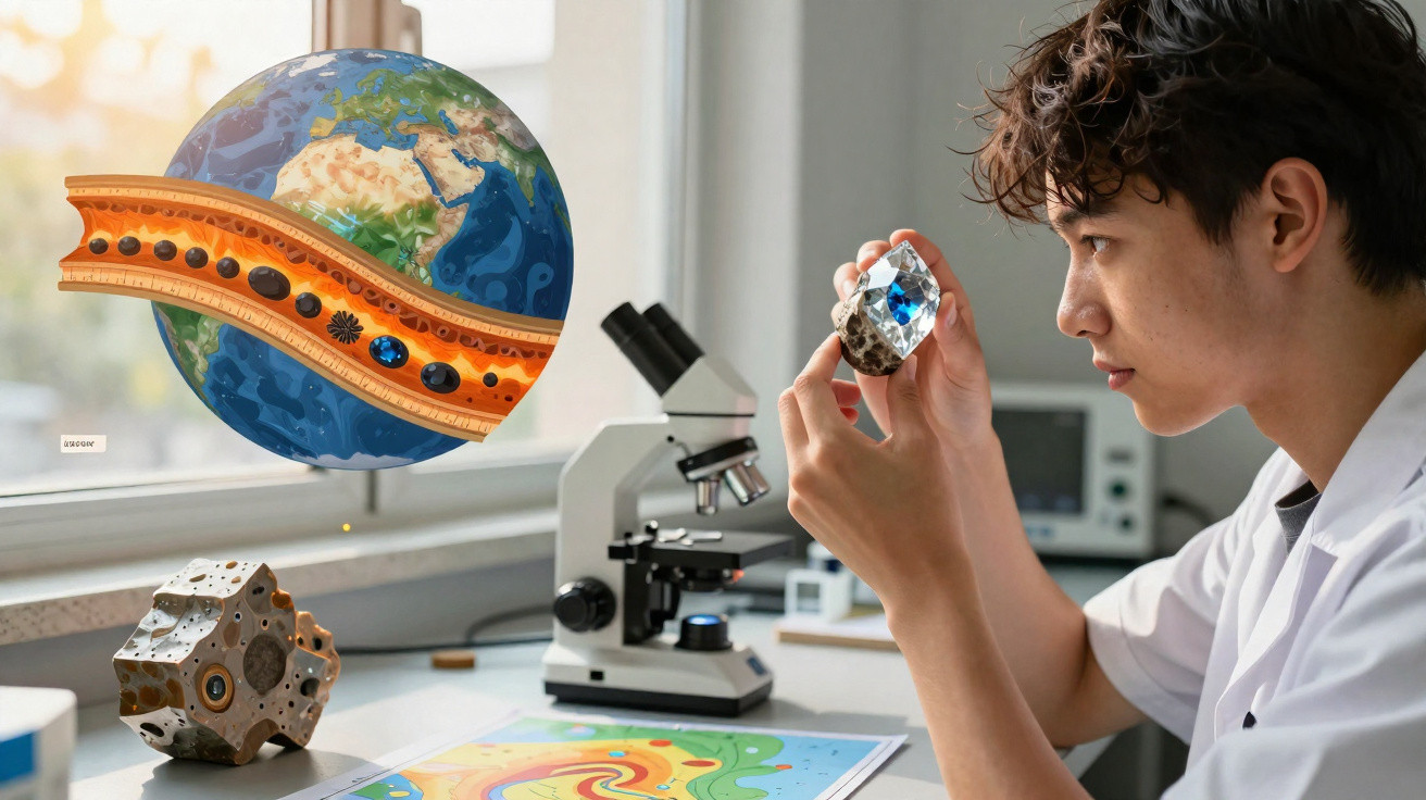 Homem jovem em bata branca analisa um cristal numa sala de laboratório com microscópio e mapas na mesa.