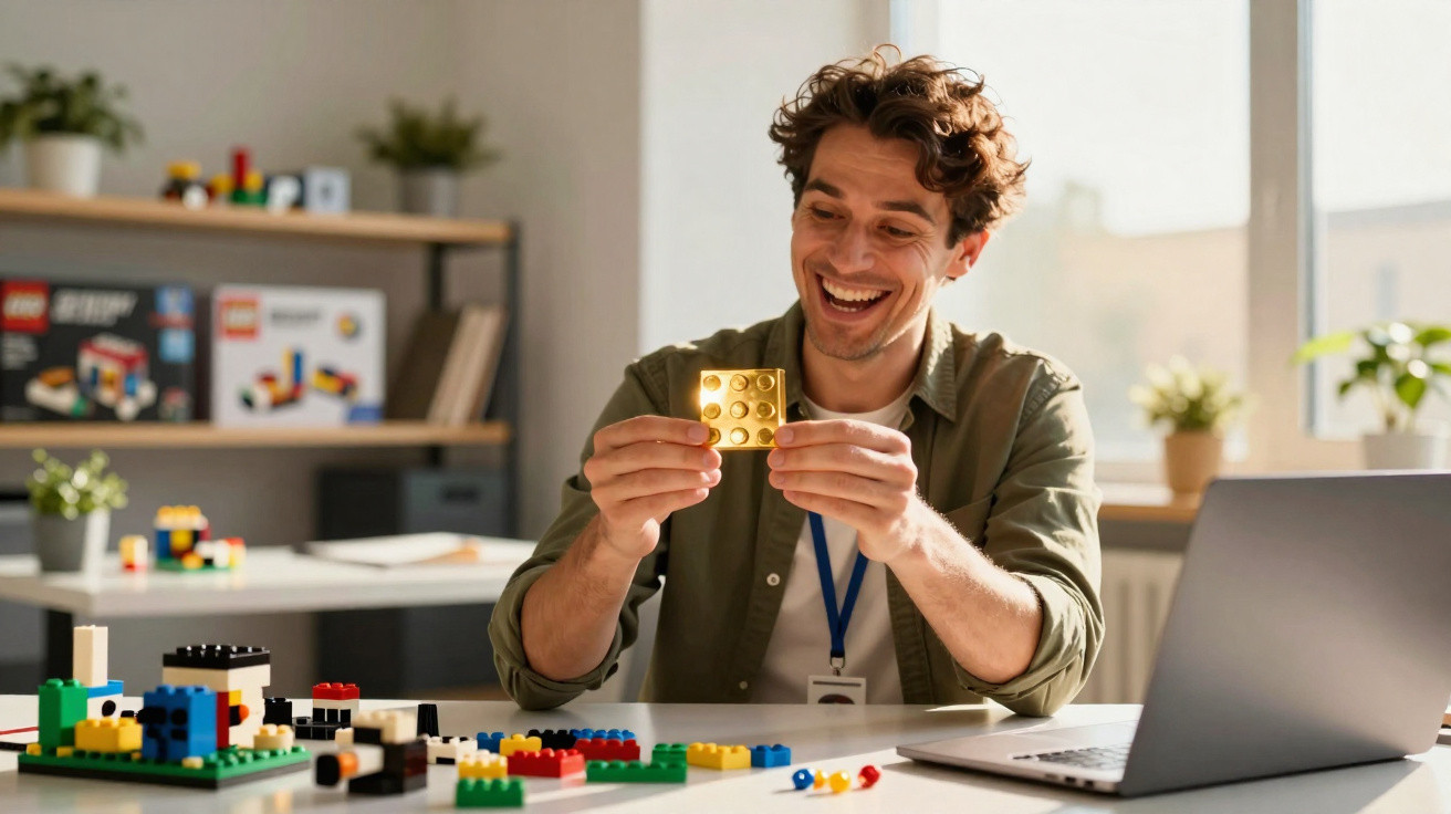 Homem sorridente a montar peça de lego em escritório moderno com computador e estante ao fundo.