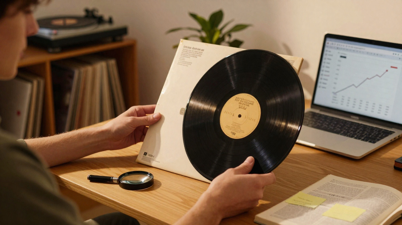 Pessoa a segurar um disco de vinil junto a um computador portátil com gráficos e livros numa mesa de madeira.