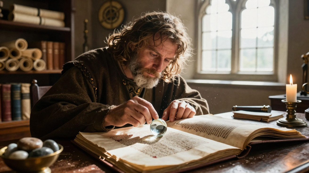 Homem com óculos antigos examina texto com lente de aumento em ambiente histórico com velas e pergaminhos.