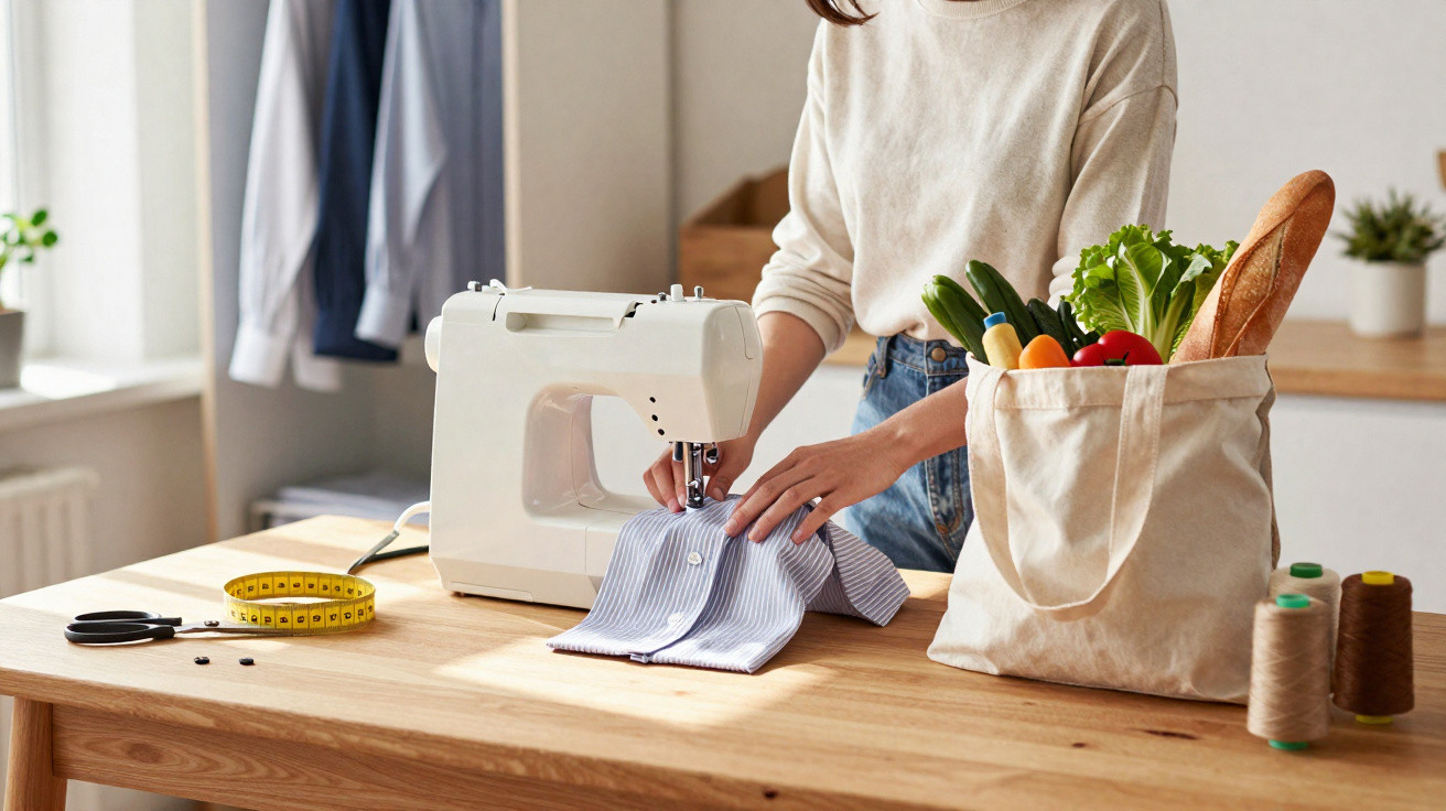 Pessoa a coser roupa numa máquina de costura com saco de compras cheio de legumes e pão ao lado.