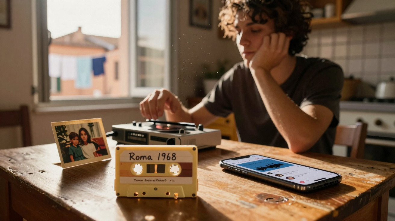 Jovem sentado à mesa a usar gravador de cassete, com cassete "Roma 1968" em destaque e smartphone à frente.