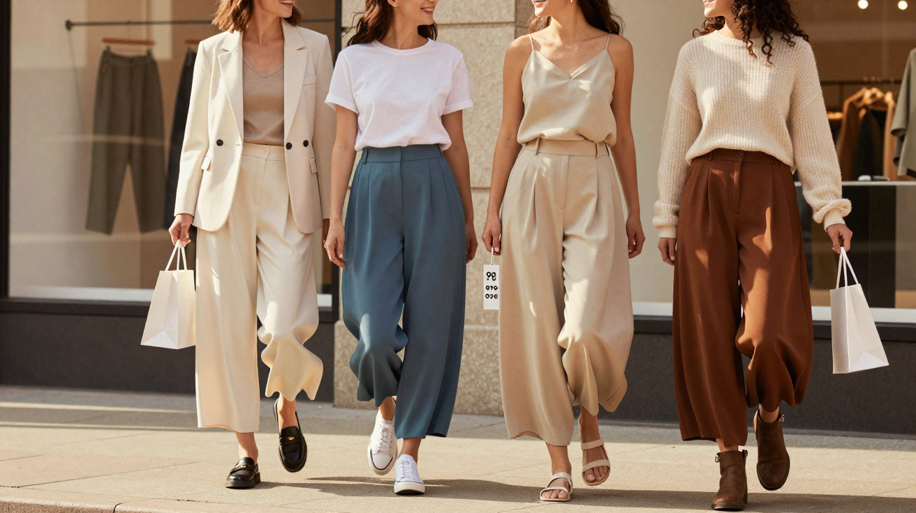Quatro mulheres elegantes a caminhar na rua, vestindo calças largas com diferentes estilos e cores.