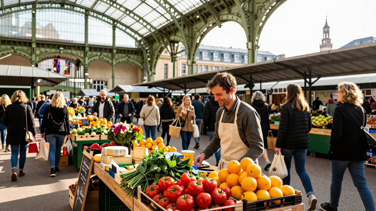 Mercado coberto com pessoas a comprar frutas, legumes e queijos frescos num ambiente iluminado.