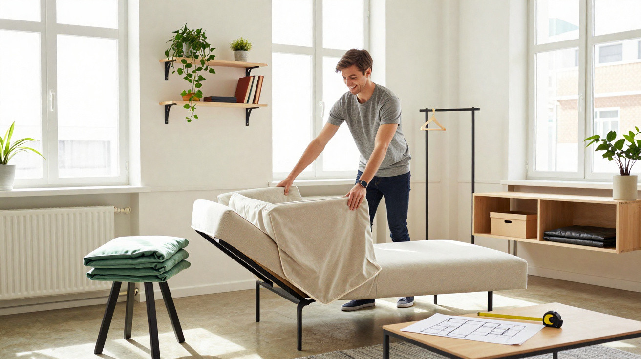 Homem a abrir sofá-cama numa sala iluminada, com móveis simples e plantas decorativas.