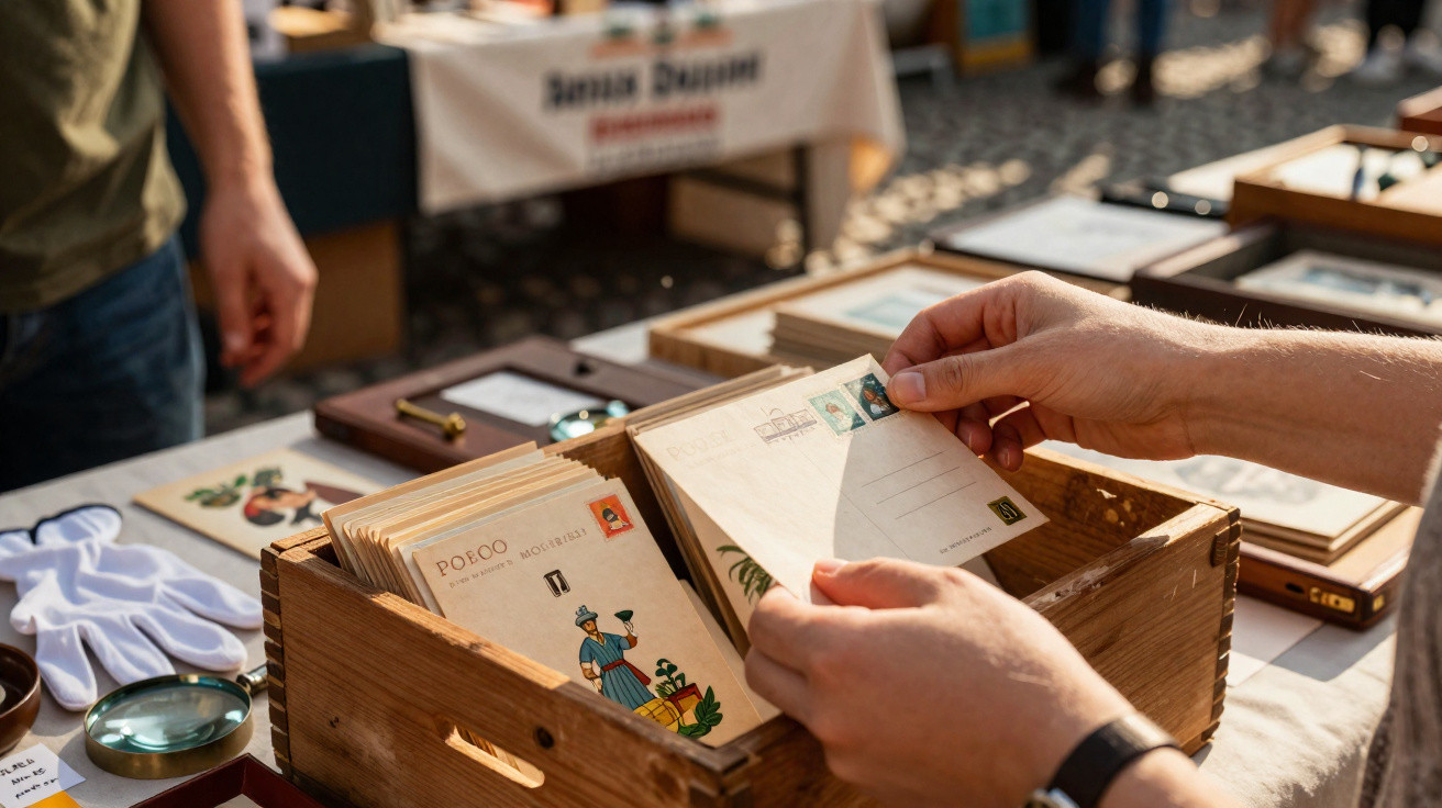 Mãos a manusear postais antigos numa feira ao ar livre com caixas de madeira cheias de cartas.