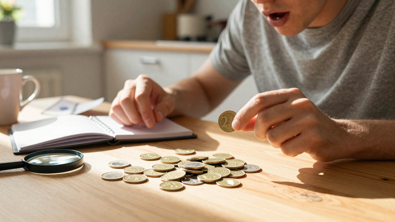 Pessoa a contar moedas de euro num ambiente doméstico com lupa, bloco de notas e caneca numa mesa de madeira.