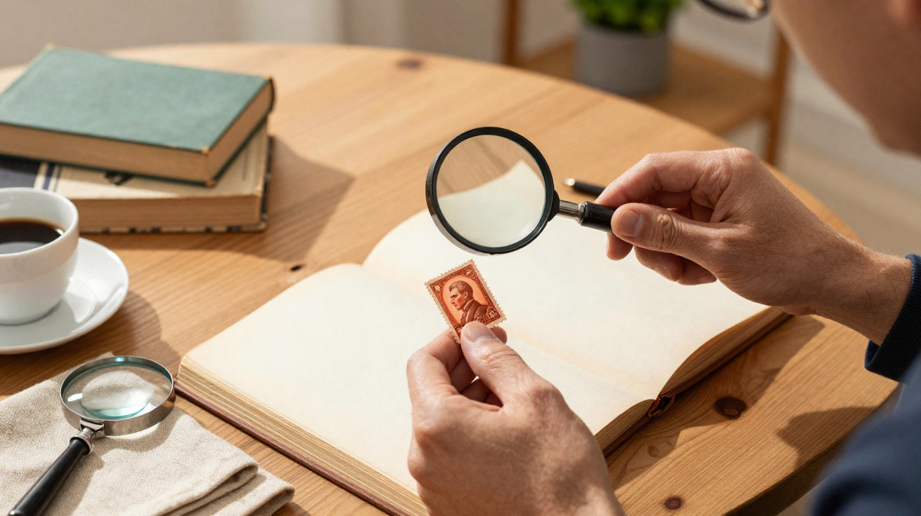 Pessoa a examinar selo postal antigo com lupa sobre mesa de madeira com livro aberto e chávena de café.