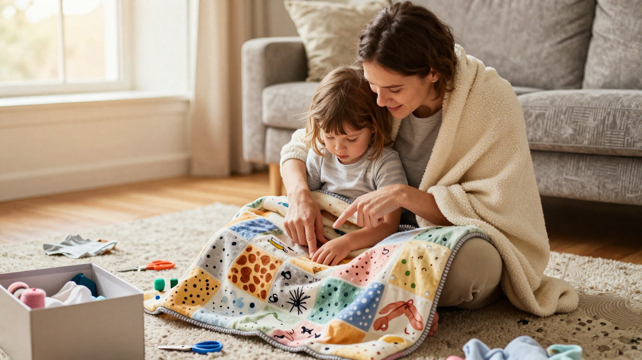 Mãe e filho sentados no chão a fazerem uma manta colorida com tecido patchwork num ambiente acolhedor.