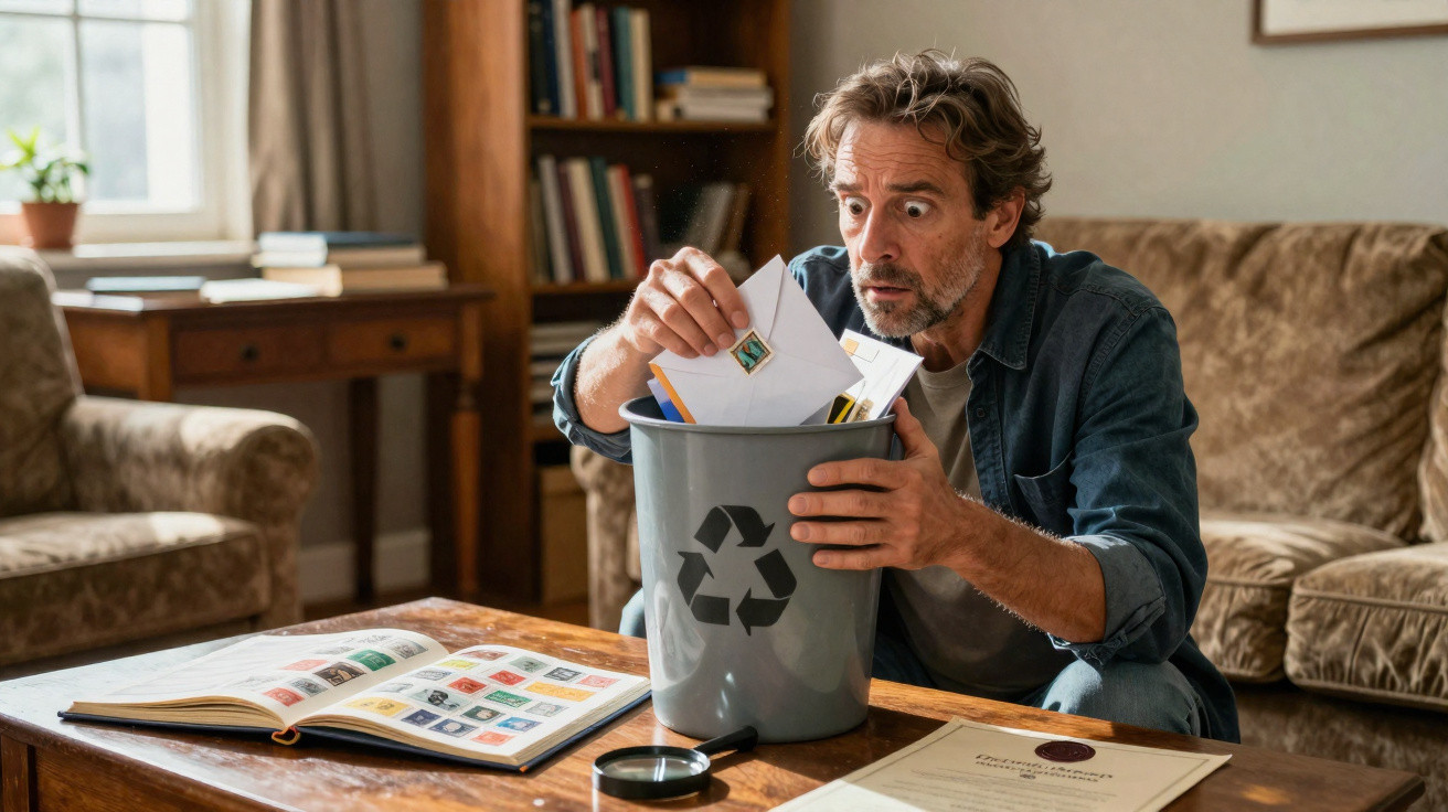 Homem em sala a colocar selos num caixote do lixo de reciclagem, com álbum de selos aberto na mesa.
