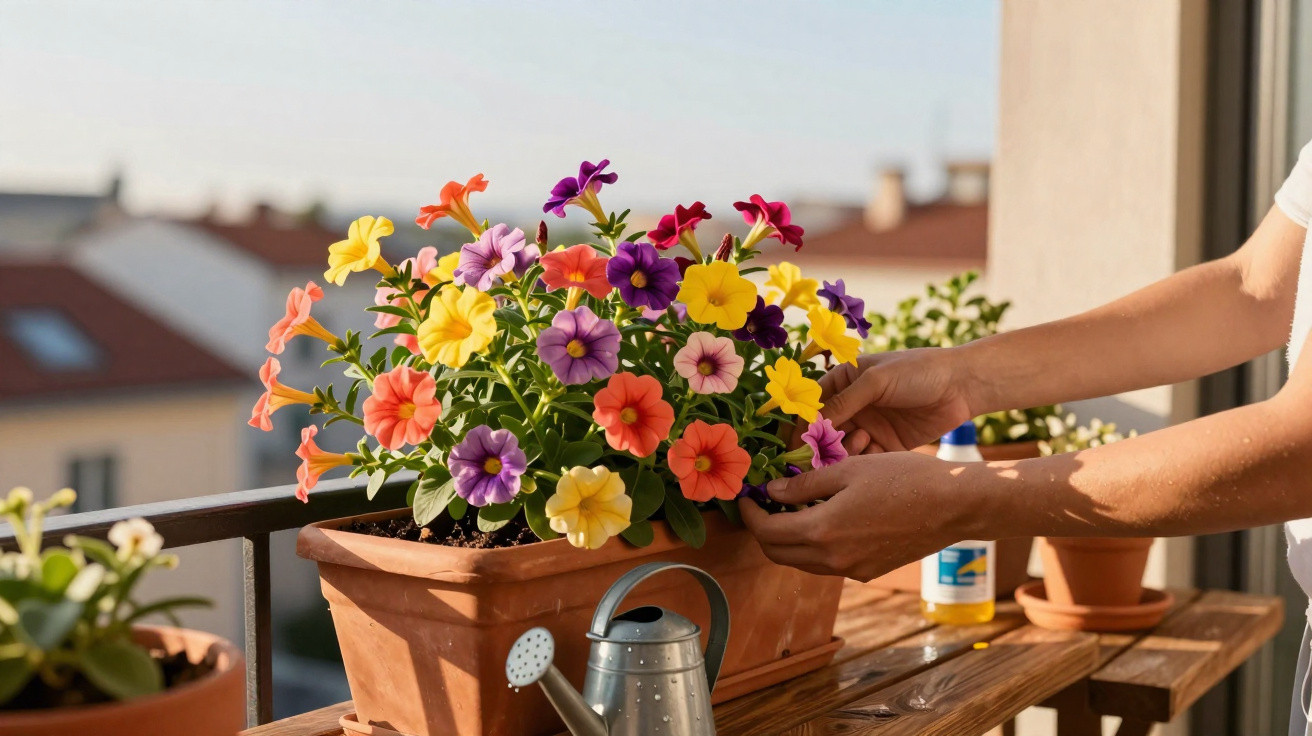 Mãos a cuidar de flores coloridas em vaso no parapeito de uma varanda com regador metálico ao lado.