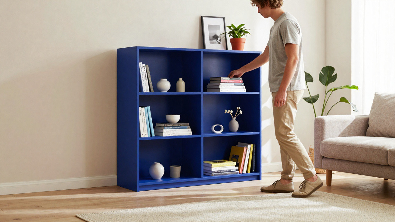 Pessoa a organizar livros numa estante azul numa sala com decoração minimalista e plantas.