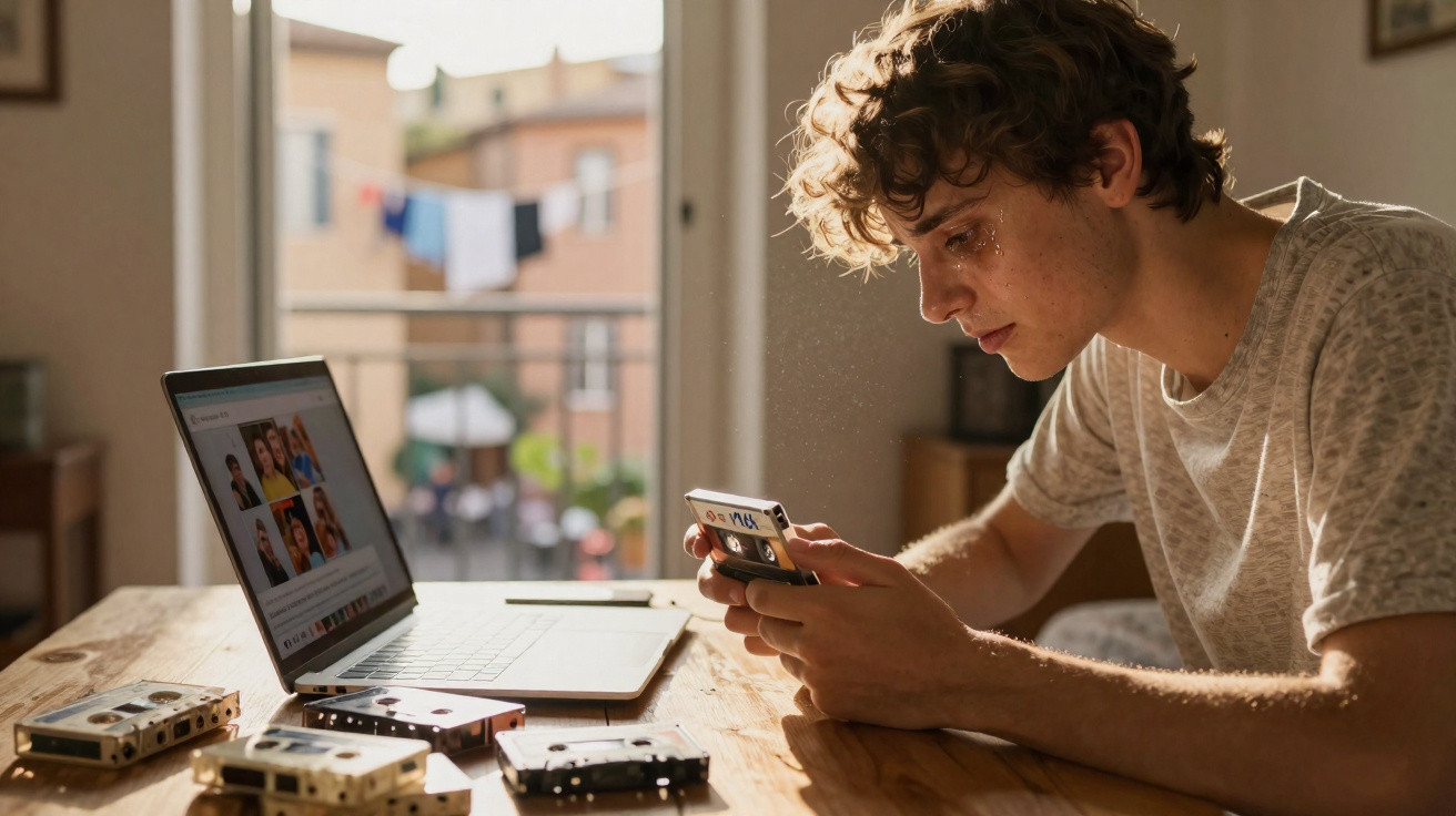 Jovem com expressão concentrada segura cassete perto de computador portátil numa mesa com várias cassetes.
