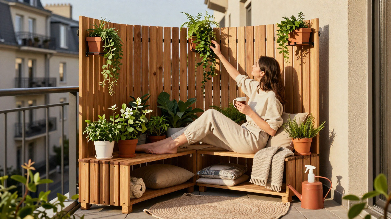 Mulher sentada numa varanda com banco de madeira rodeada de plantas em vasos a apreciar a natureza.