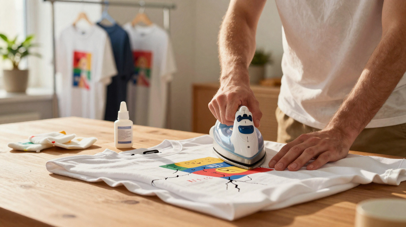 Pessoa a passar a ferro uma t-shirt branca com estampa colorida numa mesa de madeira, em ambiente interior.