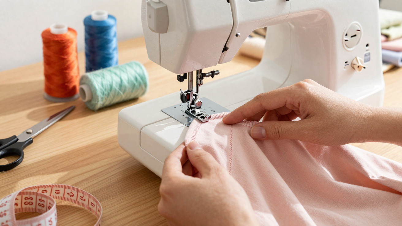 Máquina de costura a coser uma t-shirt cor de rosa com cones de linha colorida e tesoura na mesa.