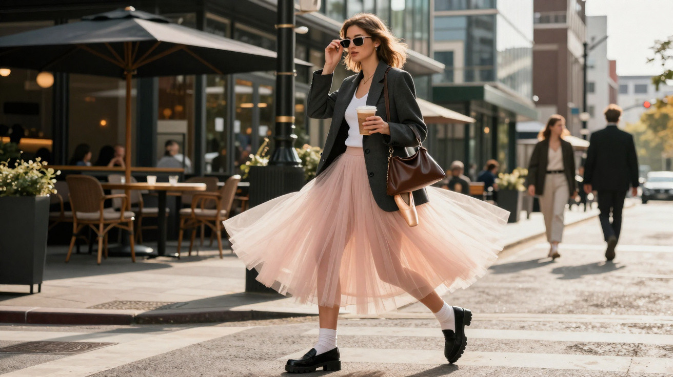Mulher elegante a atravessar rua na cidade, com saia rosa esvoaçante, blazer cinza e óculos de sol.