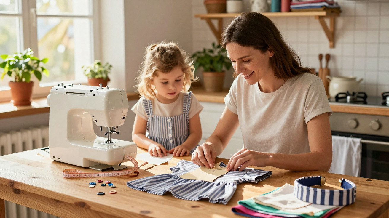 Mãe e filha a costurar juntas uma peça de roupa num ambiente iluminado e acolhedor na cozinha.