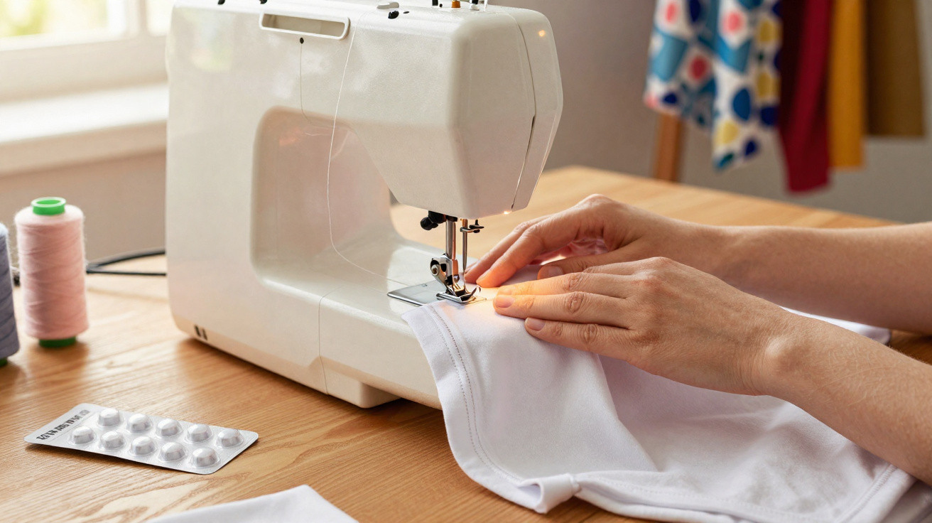 Máquina de costura a trabalhar numa peça de roupa branca, com rolos de linha e botões à vista.