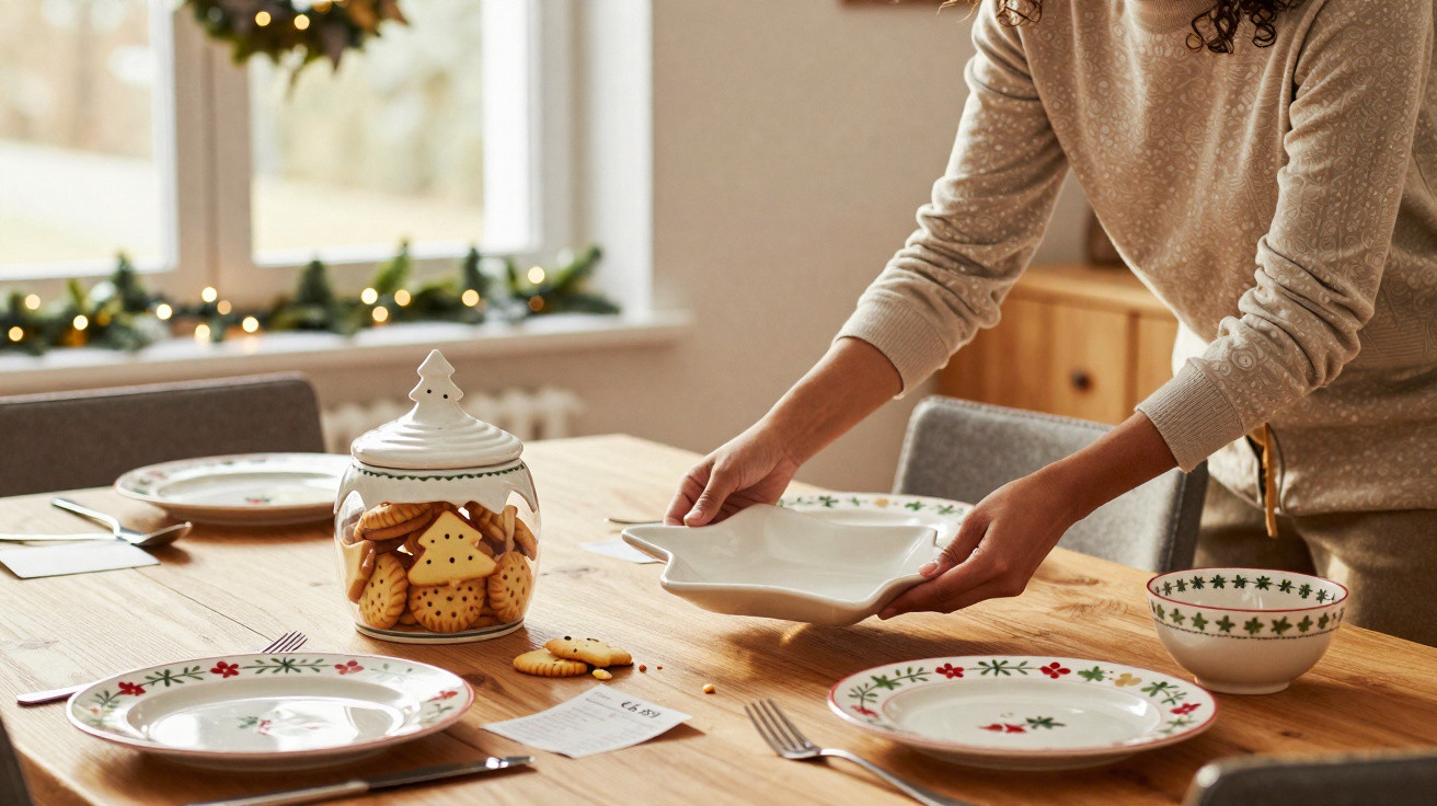 Pessoa a arrumar pratos natalícios numa mesa de madeira com decoração e bolachas de Natal.