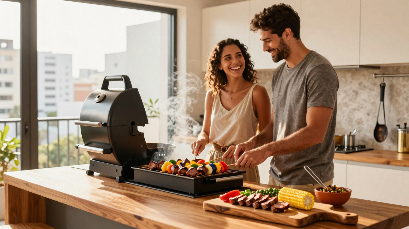 Casal feliz a preparar espetadas e vegetais grelhados numa cozinha moderna com churrasqueira portátil.