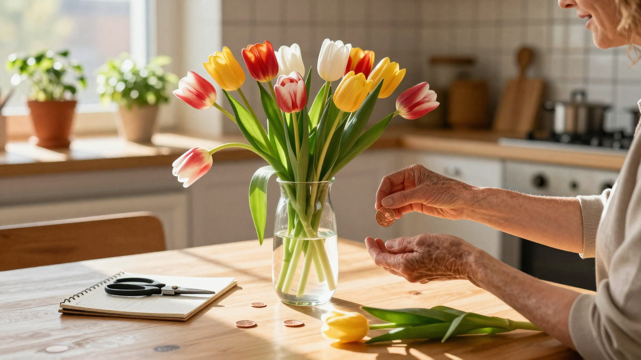Mãos de pessoa idosa ao lado de vaso com tulipas coloridas numa mesa de cozinha iluminada pelo sol.