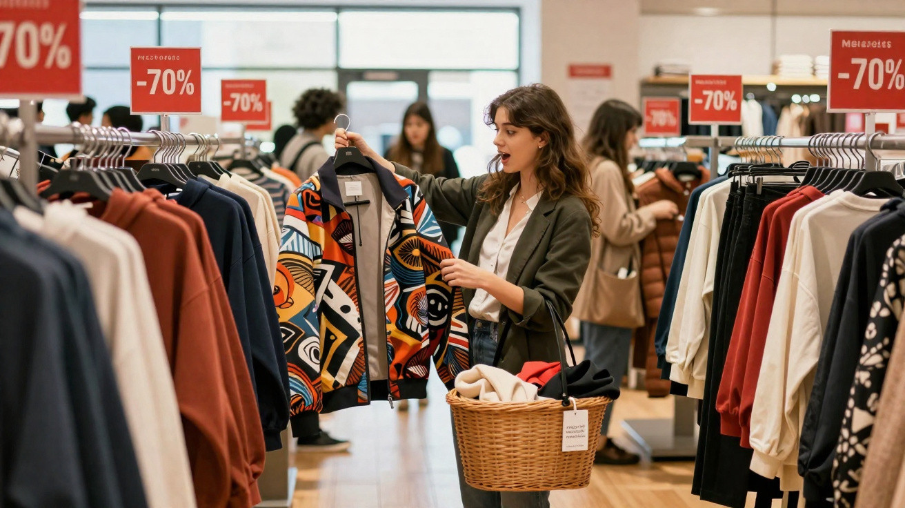 Mulher a comprar casaco colorido numa loja com promoções de 70% desconto e cesto de roupas.