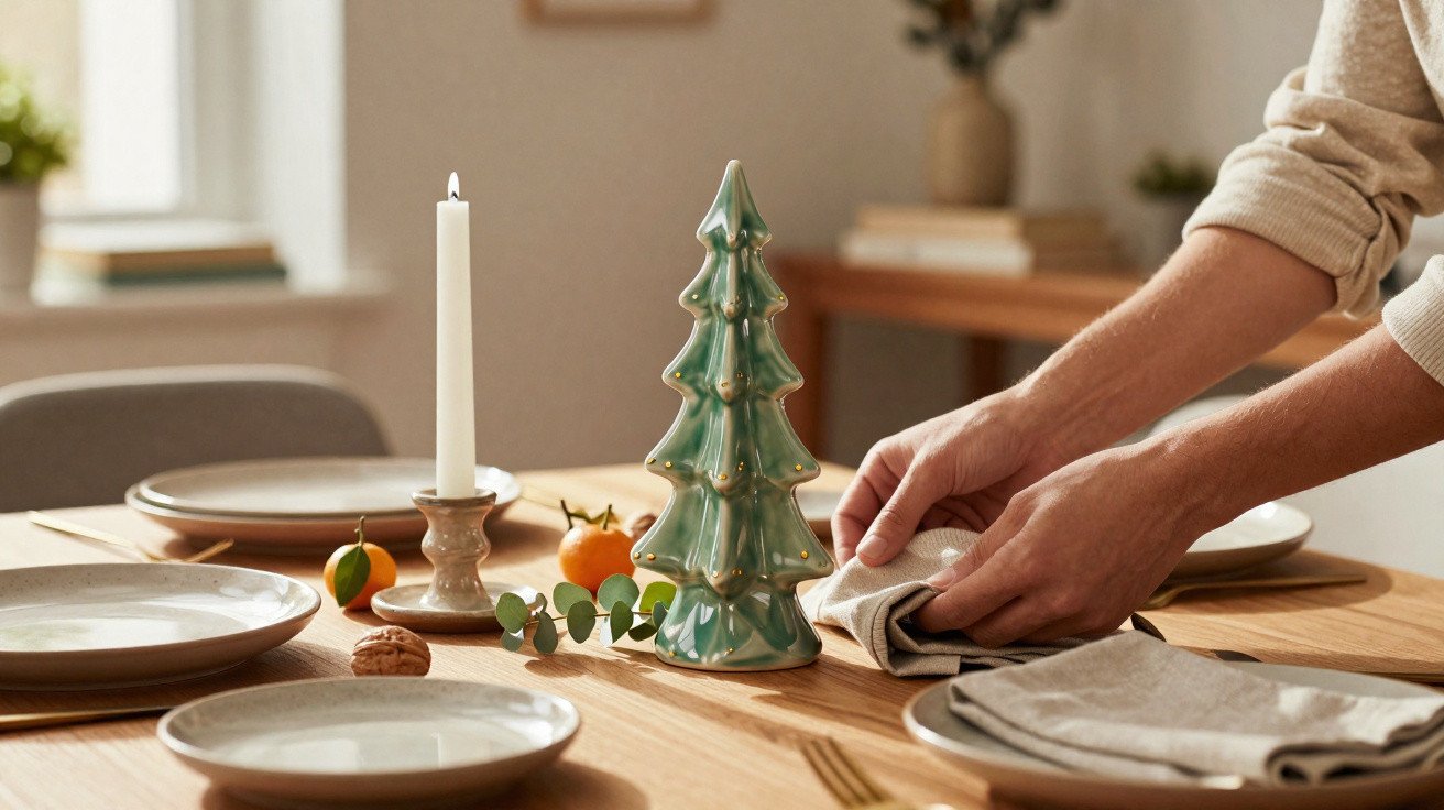 Mesa de jantar decorada com árvore de Natal cerâmica, vela, tangerina e mãos a arranjar guardanapo.