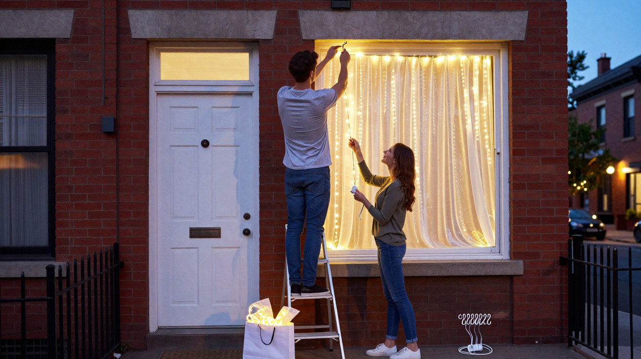 Casal decorando a janela de casa com luzes de Natal ao anoitecer.