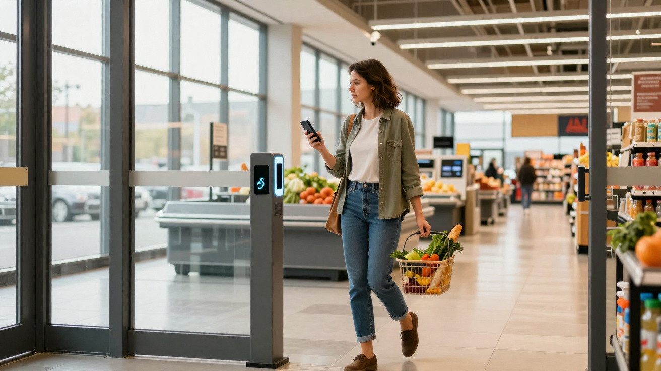 Mulher com cesta de compras cheia a usar telemóvel ao sair de supermercado moderno com portas automáticas.
