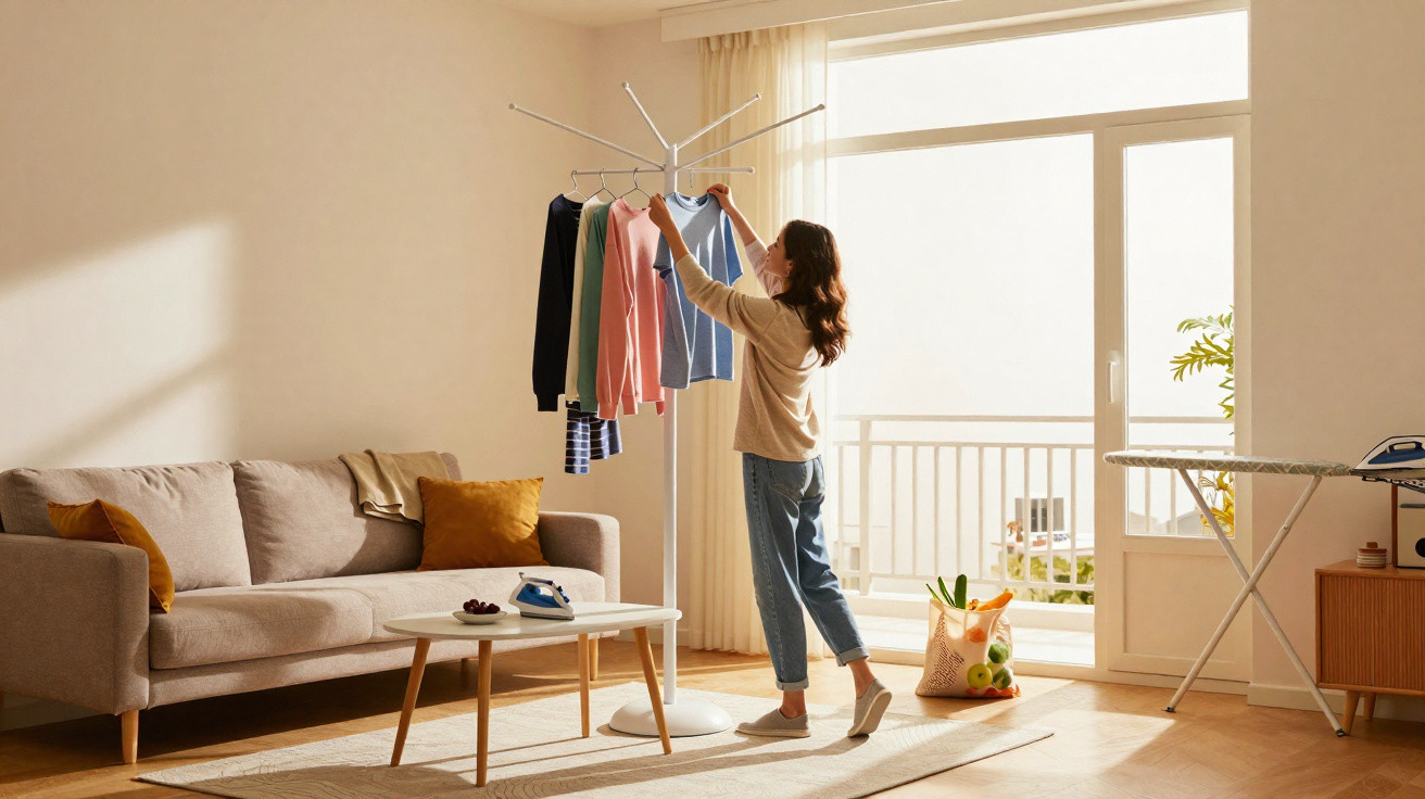 Mulher arruma roupas coloridas num varal dentro de uma sala luminosa com sofá e mesa de centro.