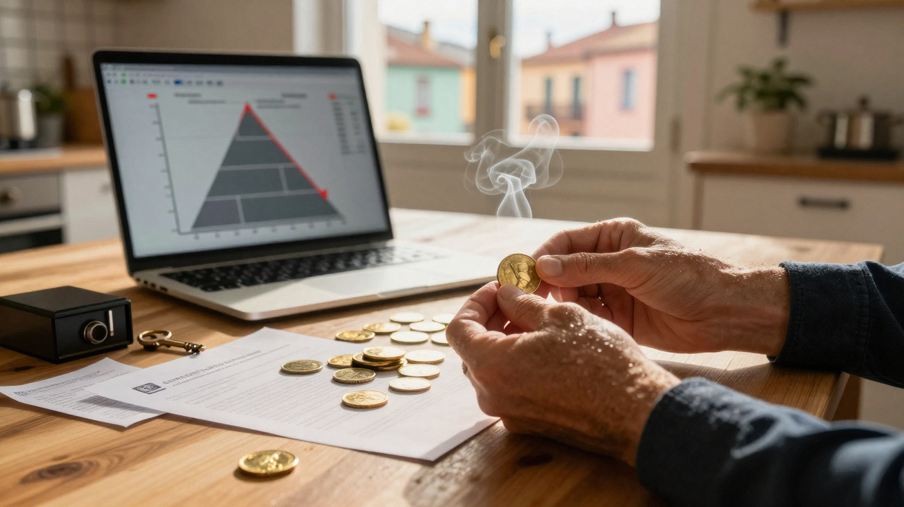 Pessoa a segurar moeda dourada com fumo, moedas sobre a mesa e gráfico no portátil ao fundo.