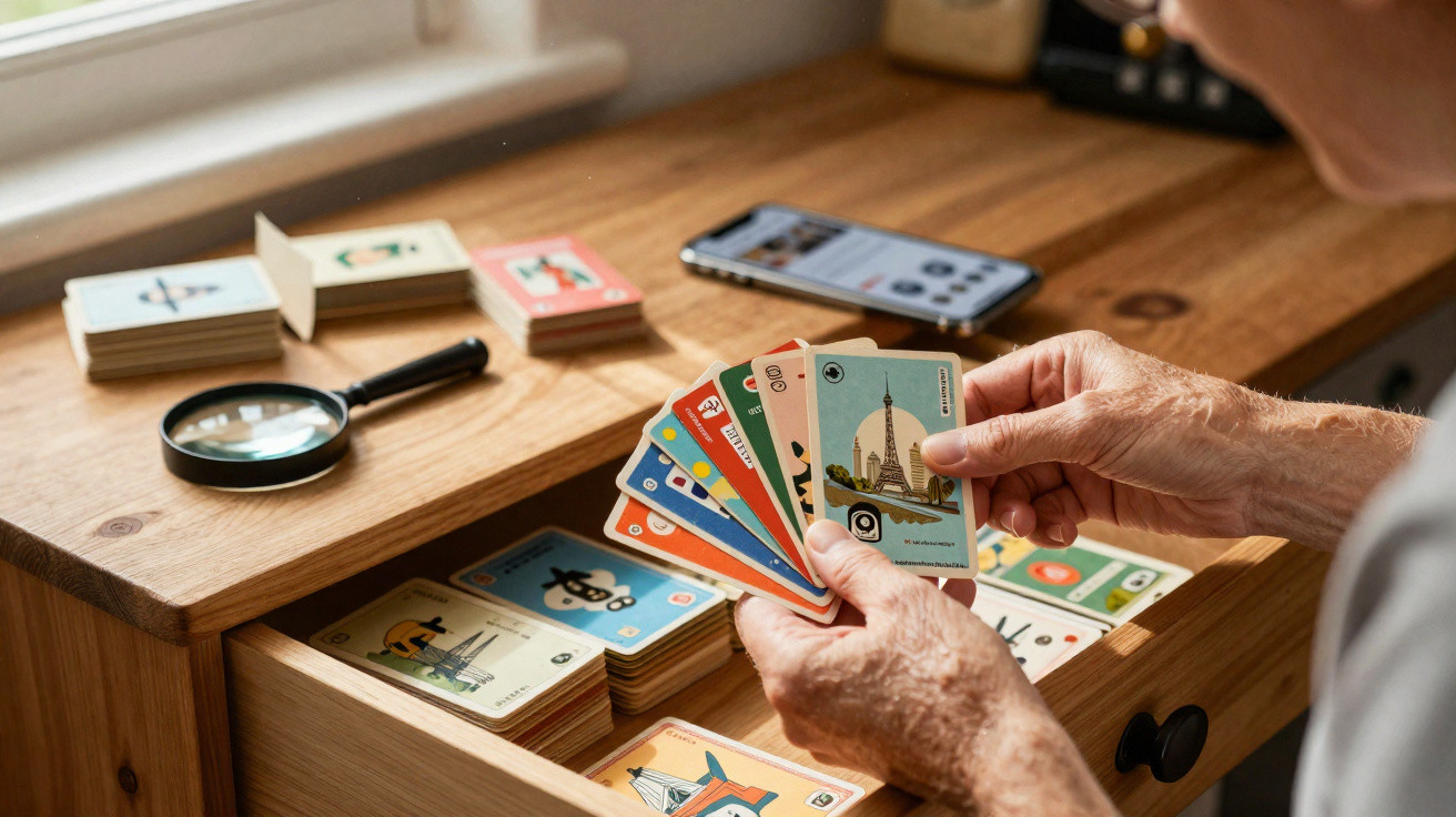 Mãos de pessoa a organizar cartas ilustradas coloridas numa gaveta de madeira perto de uma lupa e um telemóvel.