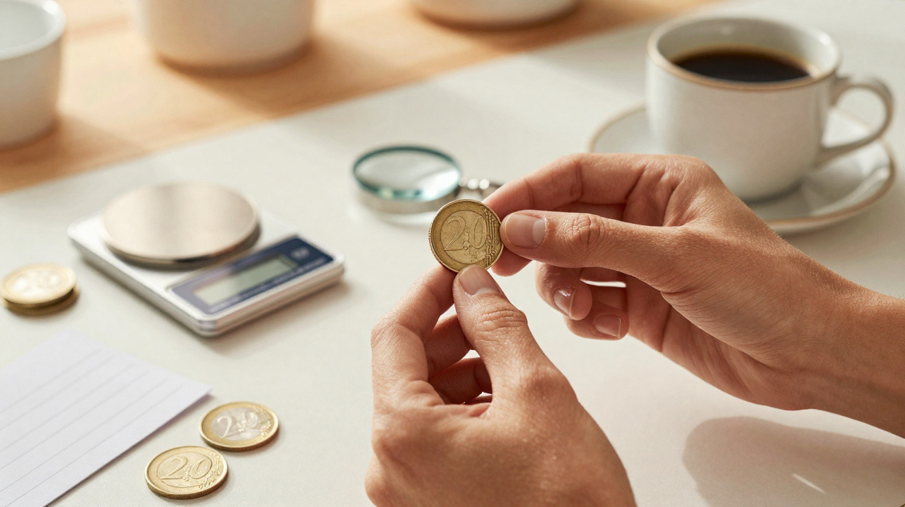 Mãos a segurar uma moeda de 20 cêntimos junto a várias moedas, uma balança digital e uma chávena de café numa mesa.