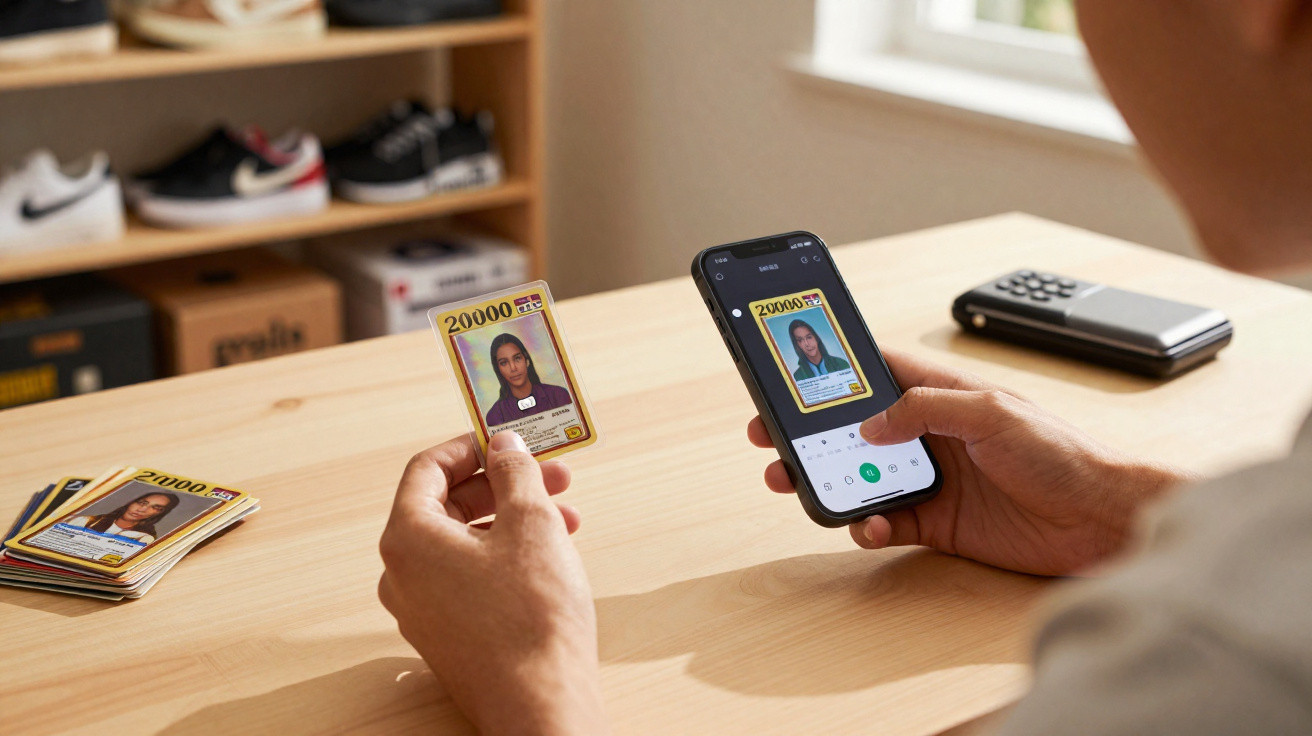 Pessoa a comparar cartão físico com cartão digital numa aplicação móvel numa mesa de madeira clara.