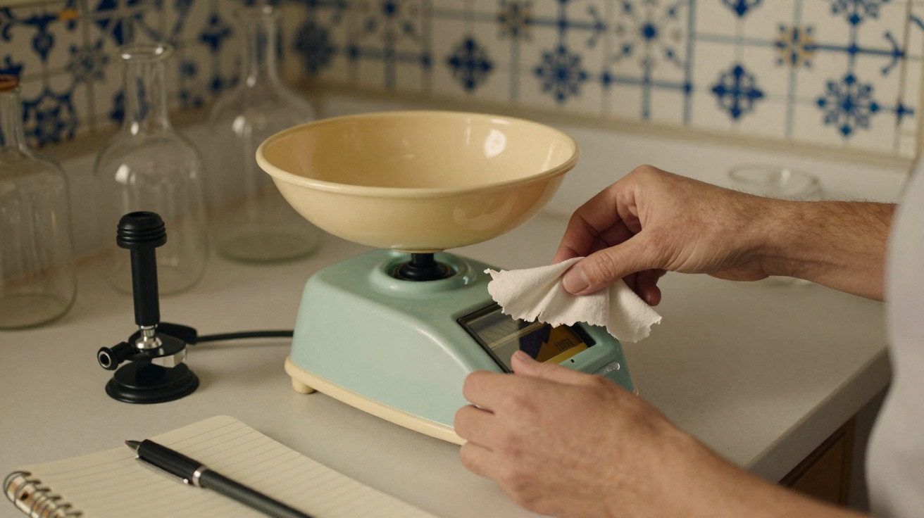 Pessoa a limpar balança de cozinha verde antiga sobre bancada com azulejos tradicionais portugueses.