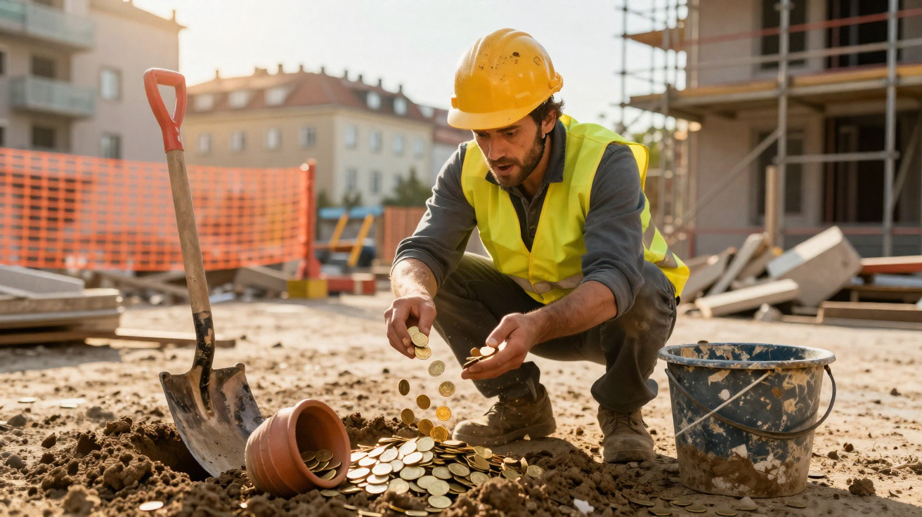 Operário de construção com capacete e colete encontra moedas de ouro no chão de um estaleiro.