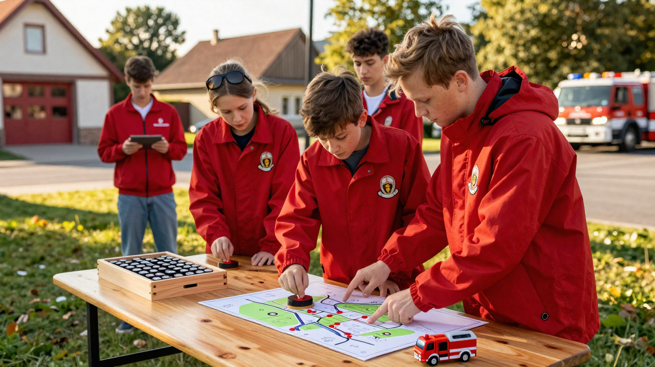Jovens bombeiros em treino de estratégia com mapa e veículos de bombeiros ao ar livre.