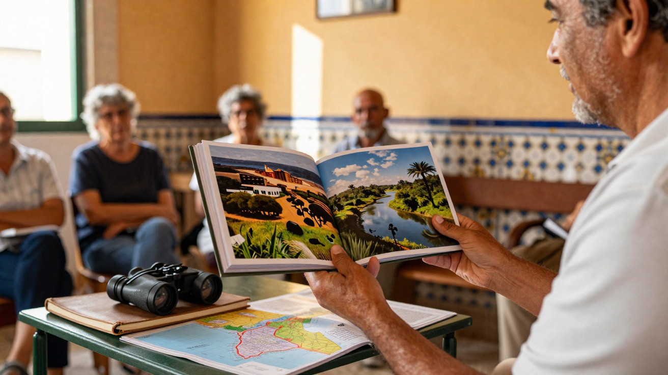 Homem mostra fotografias de natureza a grupo sentado numa sala iluminada com azulejos decorativos.