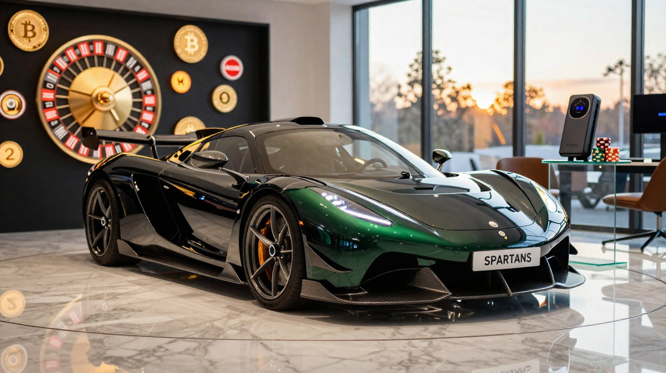 Carro desportivo preto brilhante estacionado em piso de mármore com roleta de casino digital ao fundo.