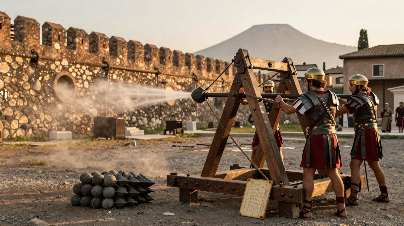Soldados romanos a operar um catapulta em frente a muralha de pedra com bolas de pedra empilhadas no chão.