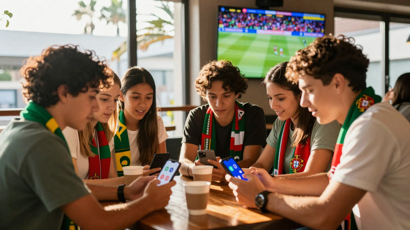 Grupo de jovens com cachecóis de Portugal a usar telemóveis num café com jogo de futebol na televisão.
