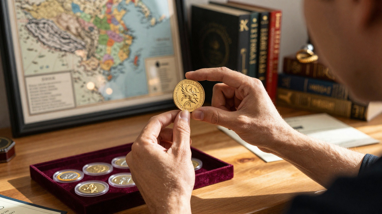 Mãos a segurar uma moeda dourada antiga, junto de uma caixa com várias moedas e livros numa secretária de madeira.