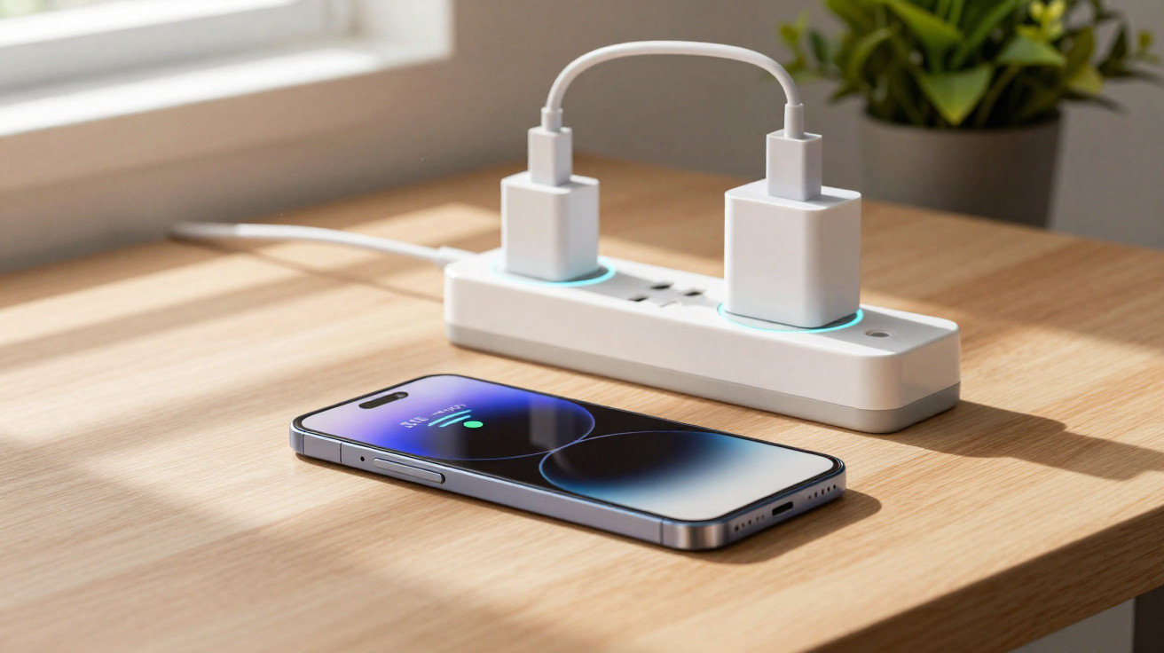 Tomada dupla com carregadores ligados e smartphone sobre mesa de madeira iluminada pela luz natural.