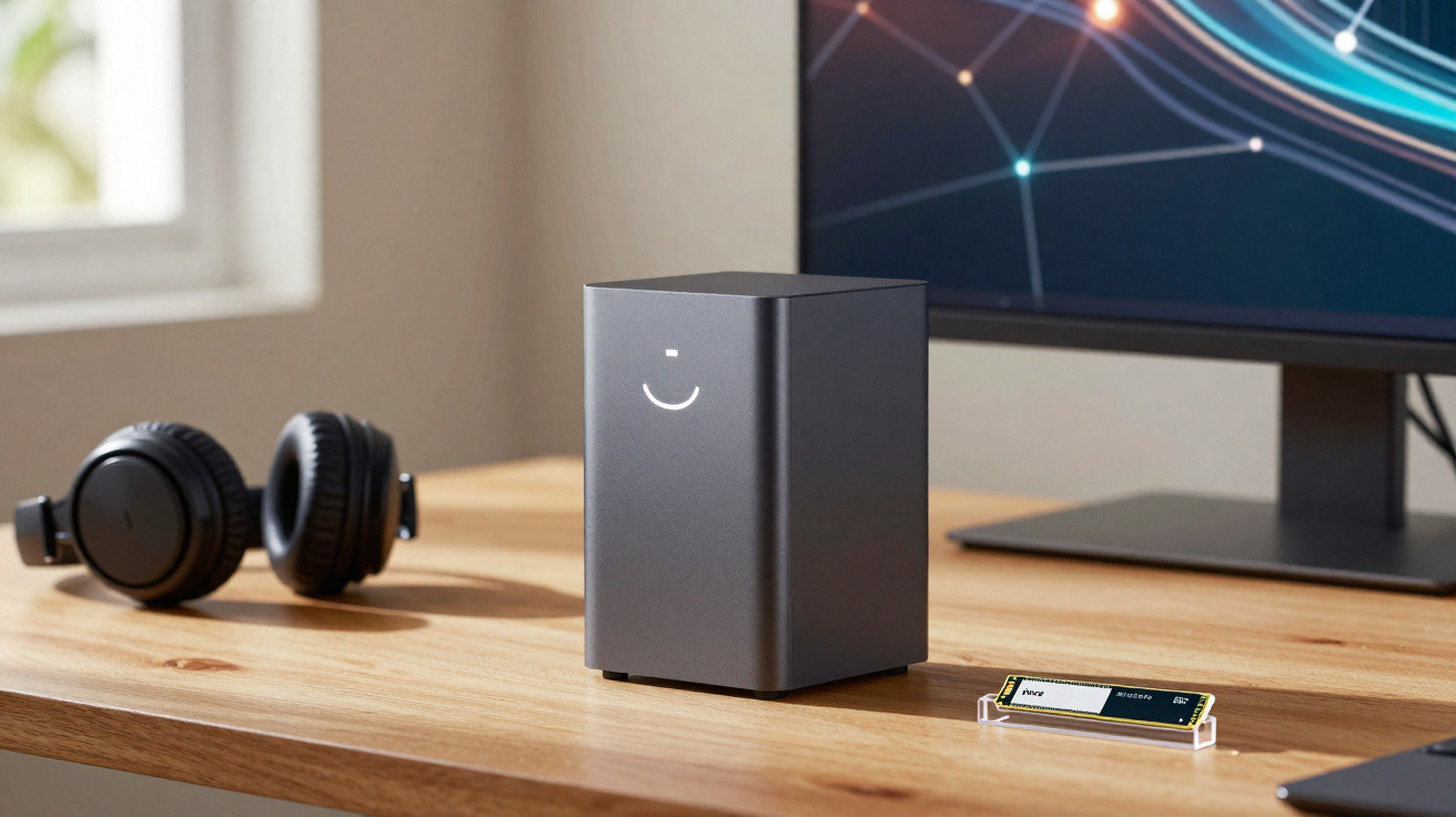 Cubo cinzento com rosto minimalista brilhante numa secretária com auscultadores, SSD e monitor.