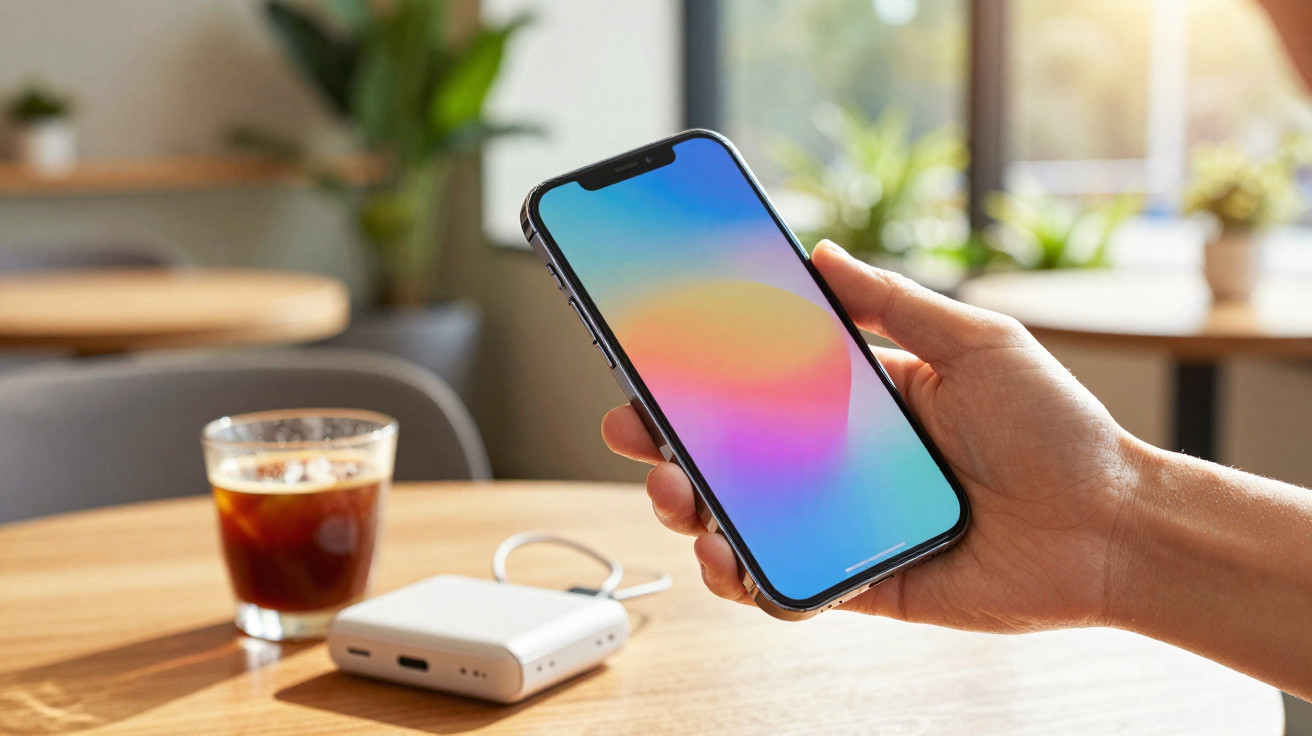 Pessoa segura smartphone com ecrã colorido à frente de mesa com café e power bank.