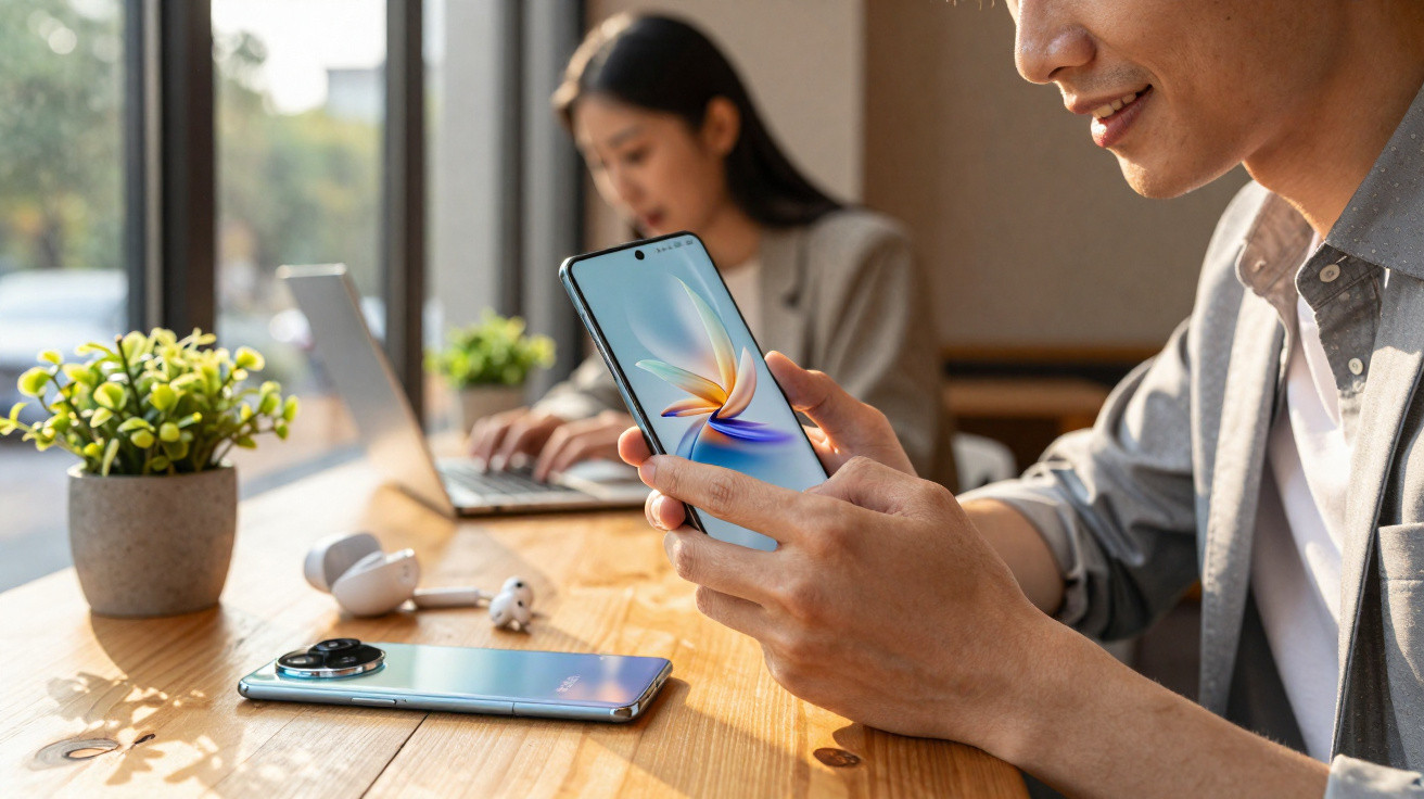 Homem a usar smartphone sentado à mesa com mulher a trabalhar no portátil ao fundo.