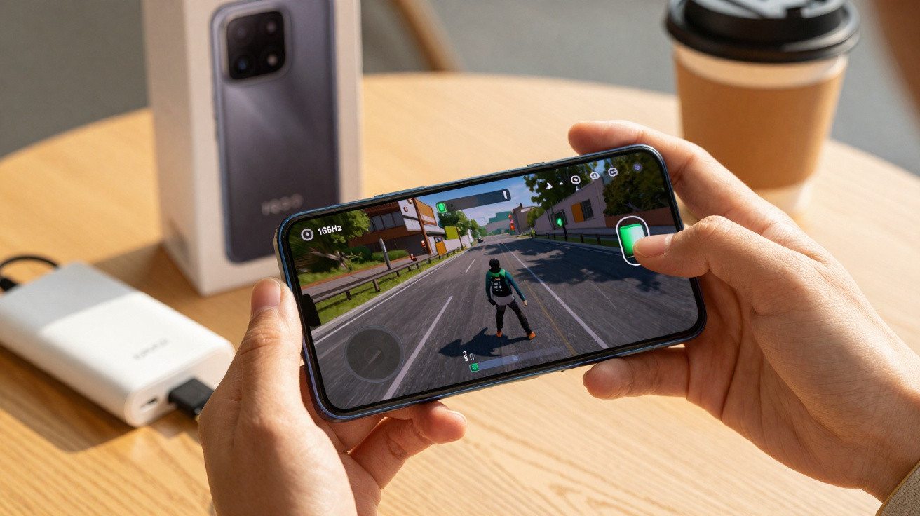 Pessoa a jogar jogo de skate num smartphone com carregador e café ao fundo numa mesa de madeira.